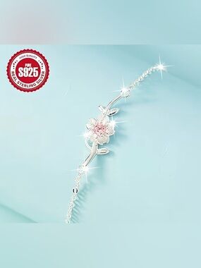 Sterling Silver Cherry Blossom Bracelet with Pink Crystal Center